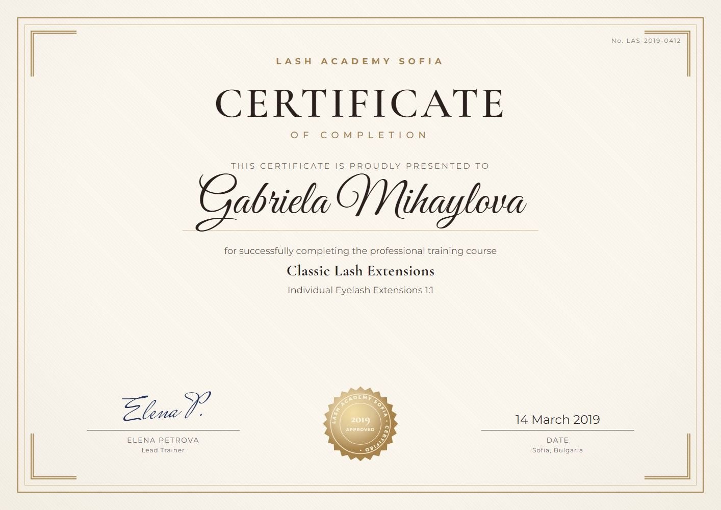 Сертификат „Classic Lash Extensions“ — Lash Academy Sofia, 2019