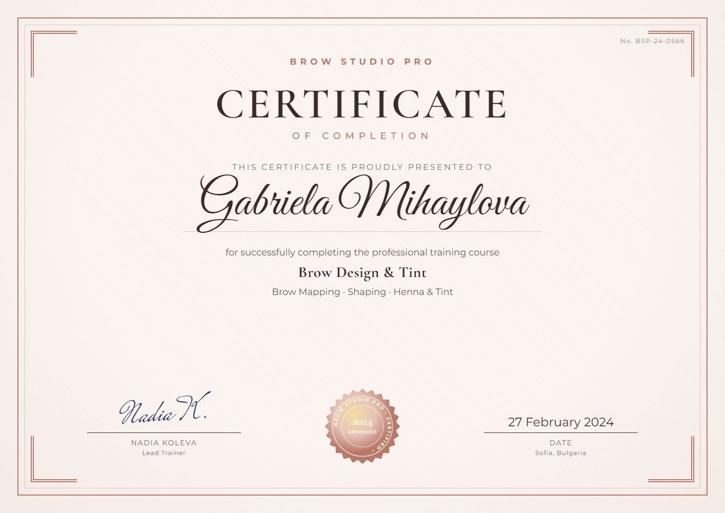 Сертификат „Brow Design & Tint“ — Brow Studio Pro, 2024